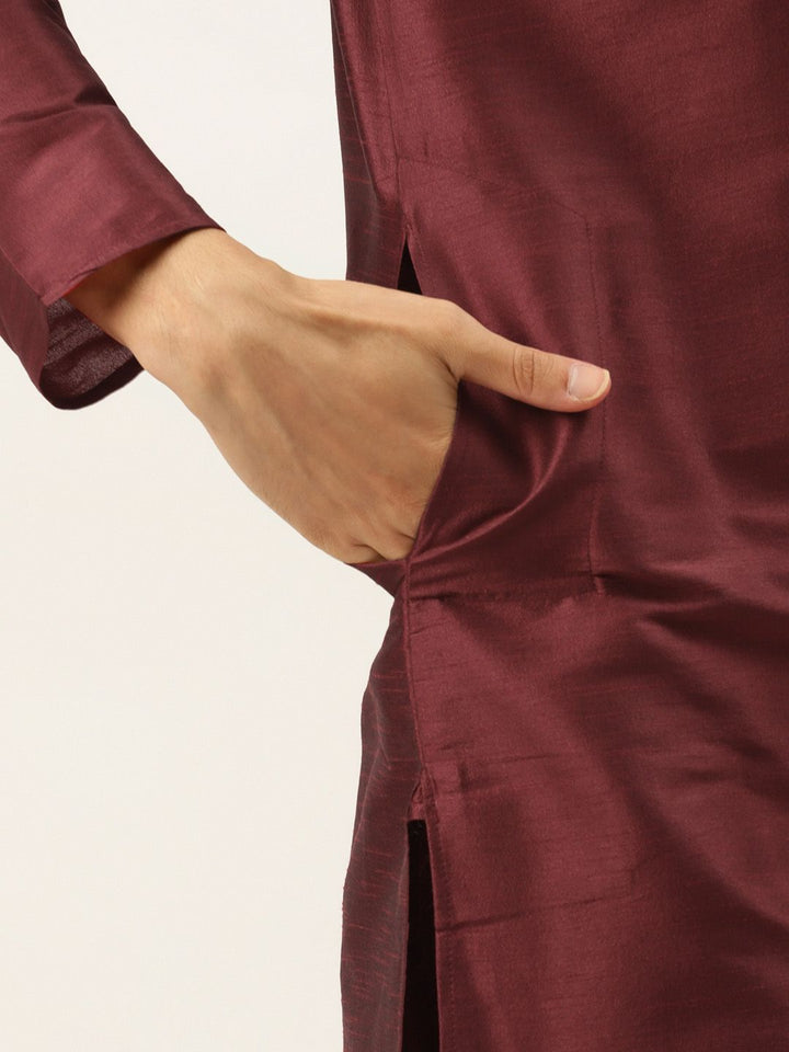 SOJANYA Men Maroon & Olive Green Jacquard Woven Design Kurta with Churidar & Nehru Jacket