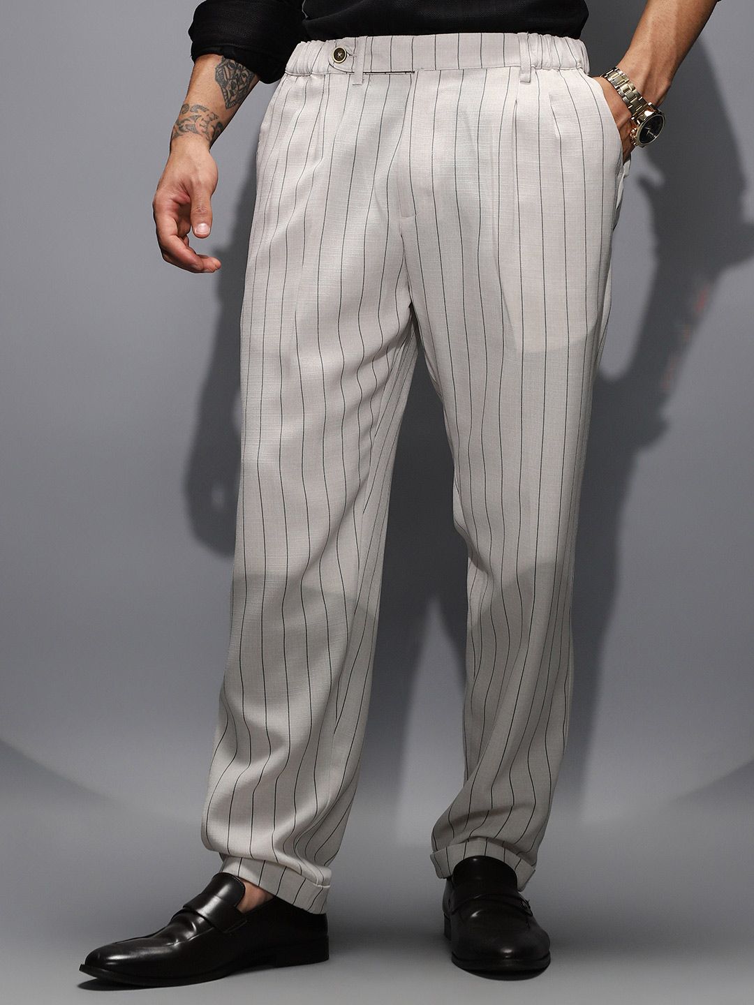 Campus Sutra Men Striped Mid-Rise Comfort Trousers