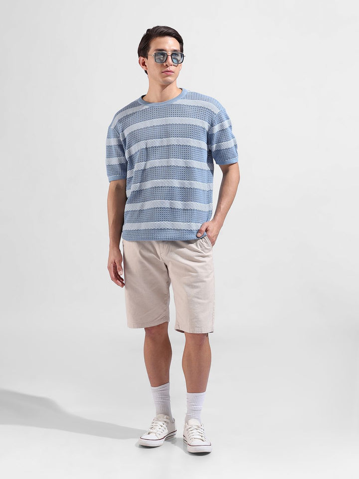 The Indian Garage Co Men Flat Knit Oversized Striped T-Shirt