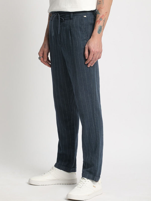 THE BEAR HOUSE Men Striped Tapered Fit Pleated Trousers