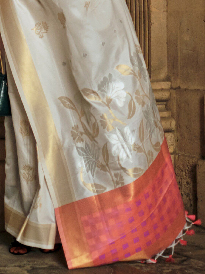 Saree mall Off White Pink Toned Woven Design Zari Silk Banarasi Sarees