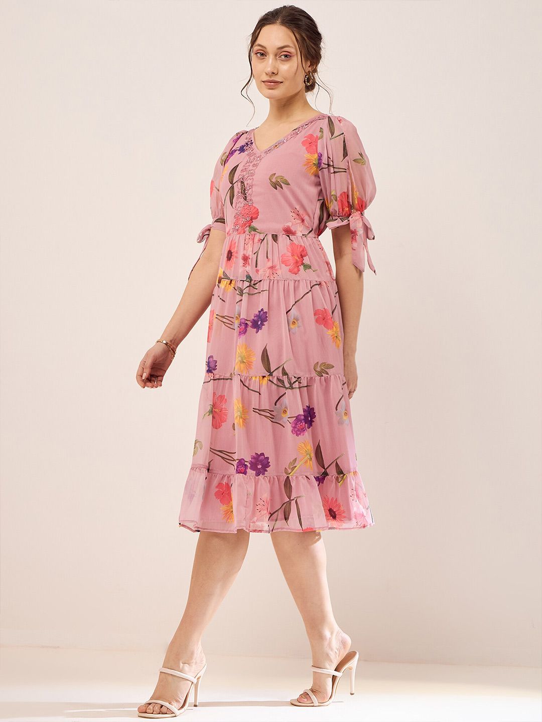 Antheaa Floral Printed V-Neck Puff Sleeves Beads Detail Chiffon Fit & Flare Dress