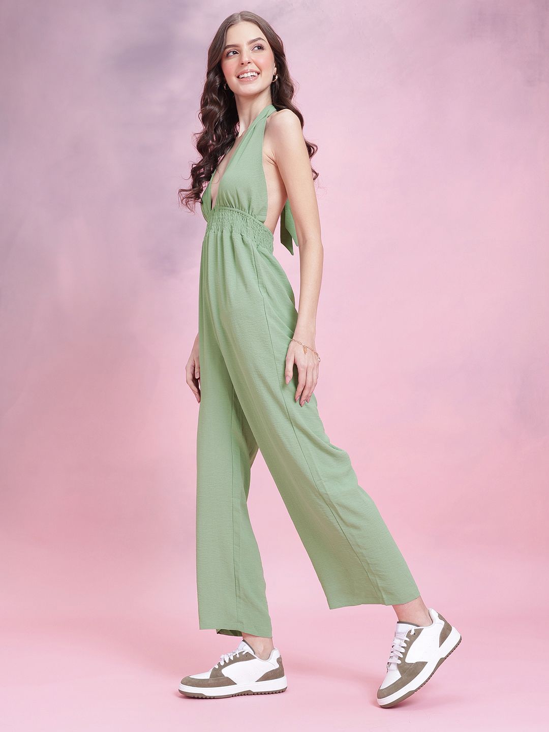 DressBerry Smocked Detail Halter Neck Backless Jumpsuit