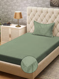 KLOTTHE Green Cotton 300 TC Fitted Single Fine Bedsheet with a Pillow Cover-89 x 59 inches
