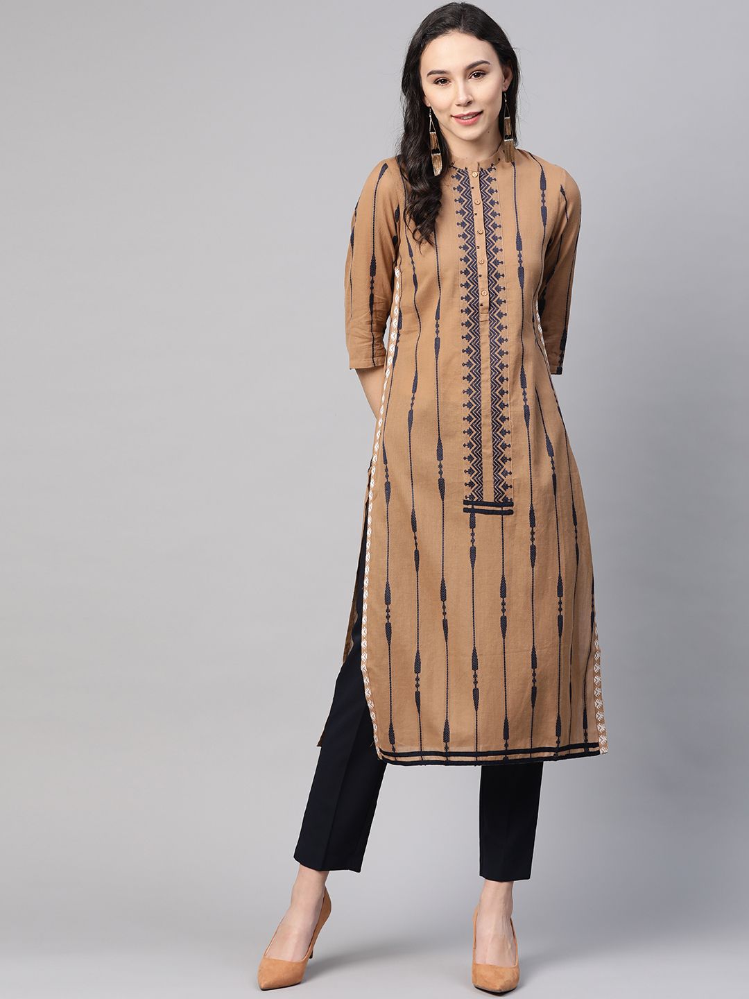 W Women Brown & Navy Blue Striped Straight Kurta
