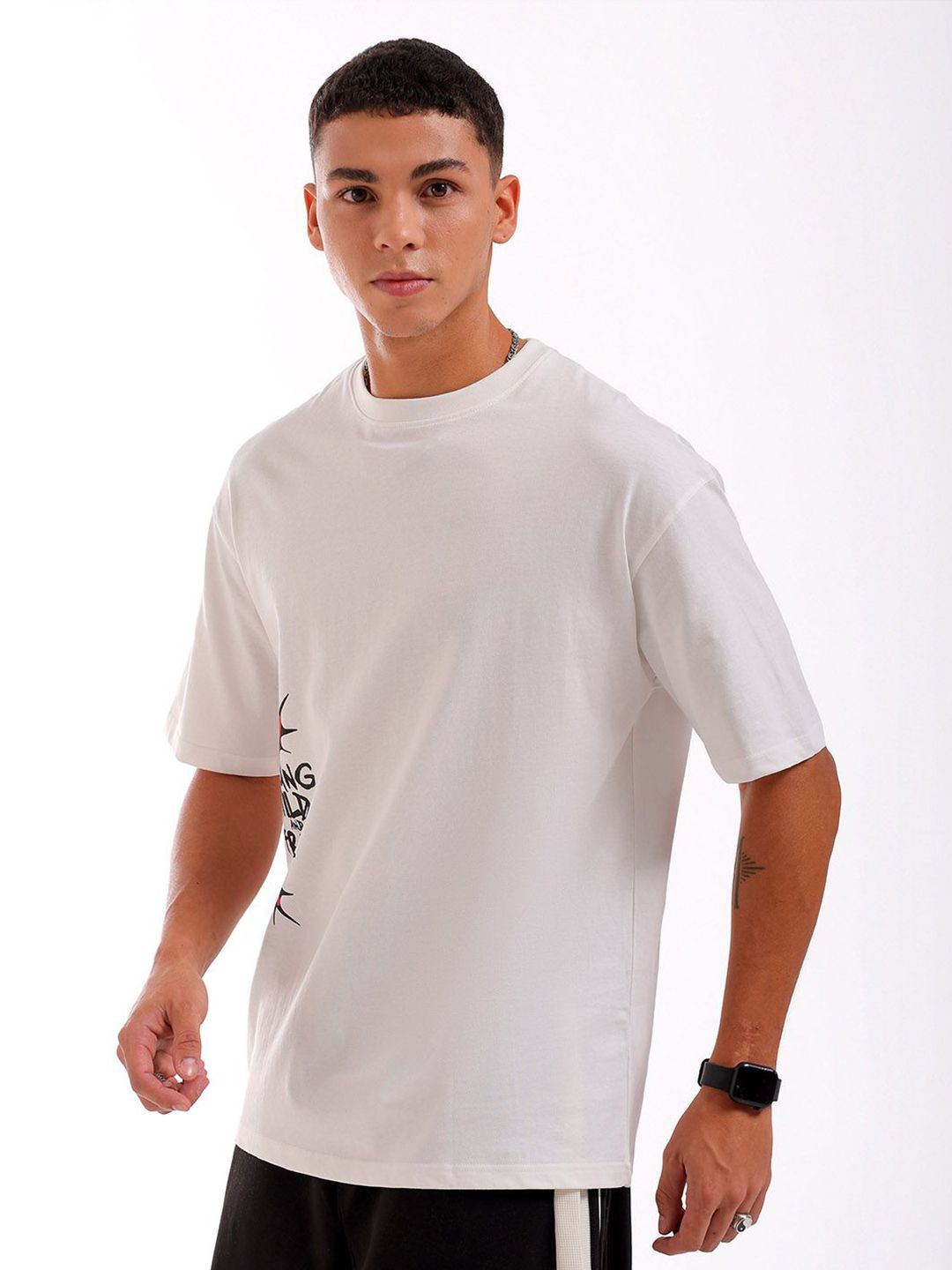 The Indian Garage Co Men Pure Cotton Back Printed Boxy Oversized Round Neck T-shirt
