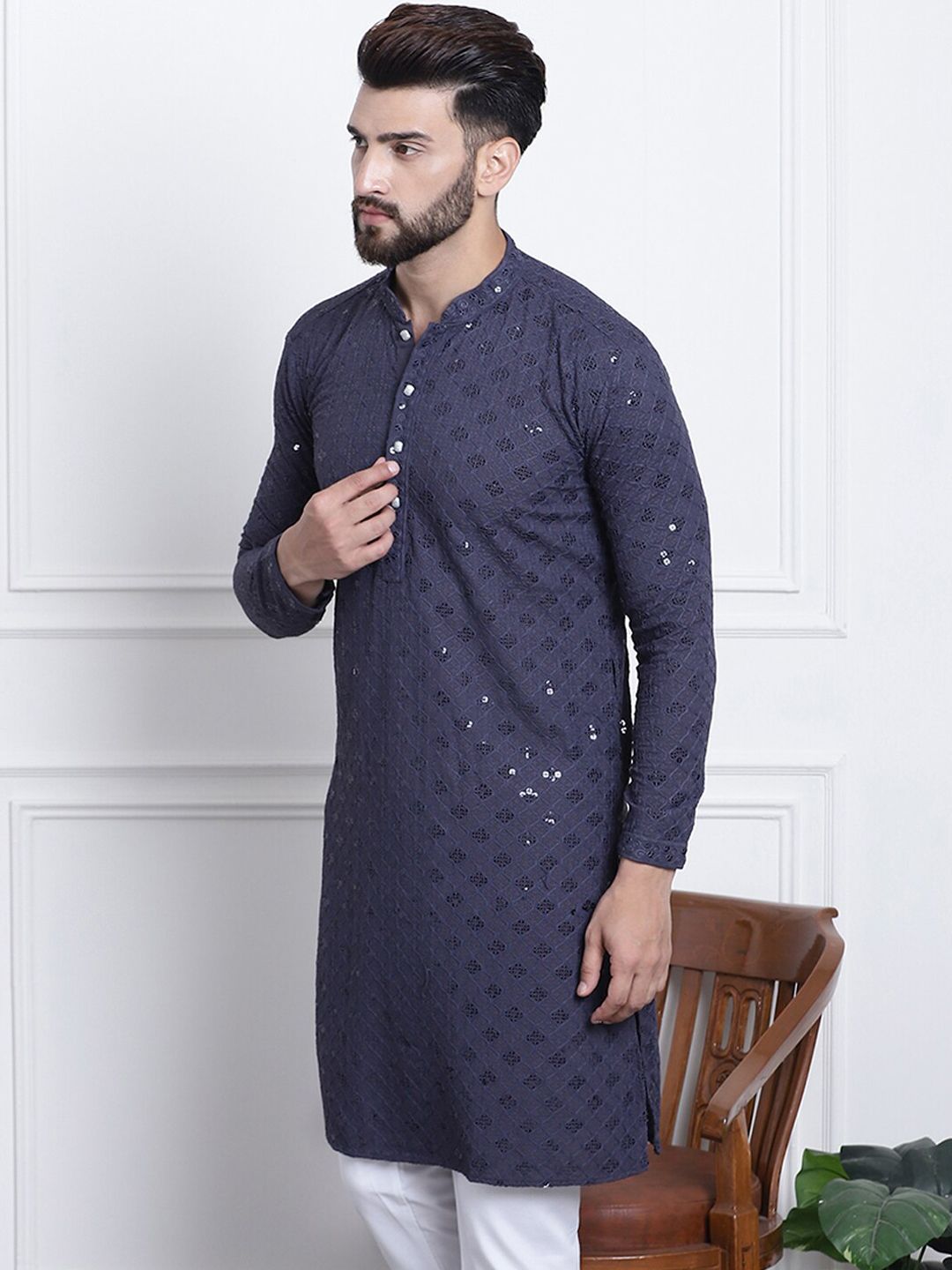 SOJANYA Kurta Kapas Tulen Kolar Mandarin Dihiasi