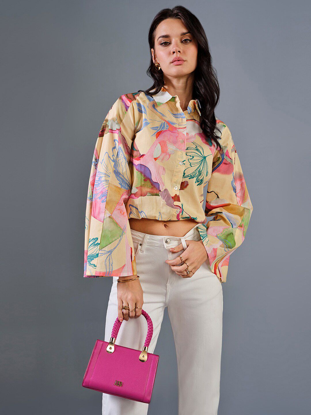 AND Floral Print Flared Sleeve Cotton Cape Top
