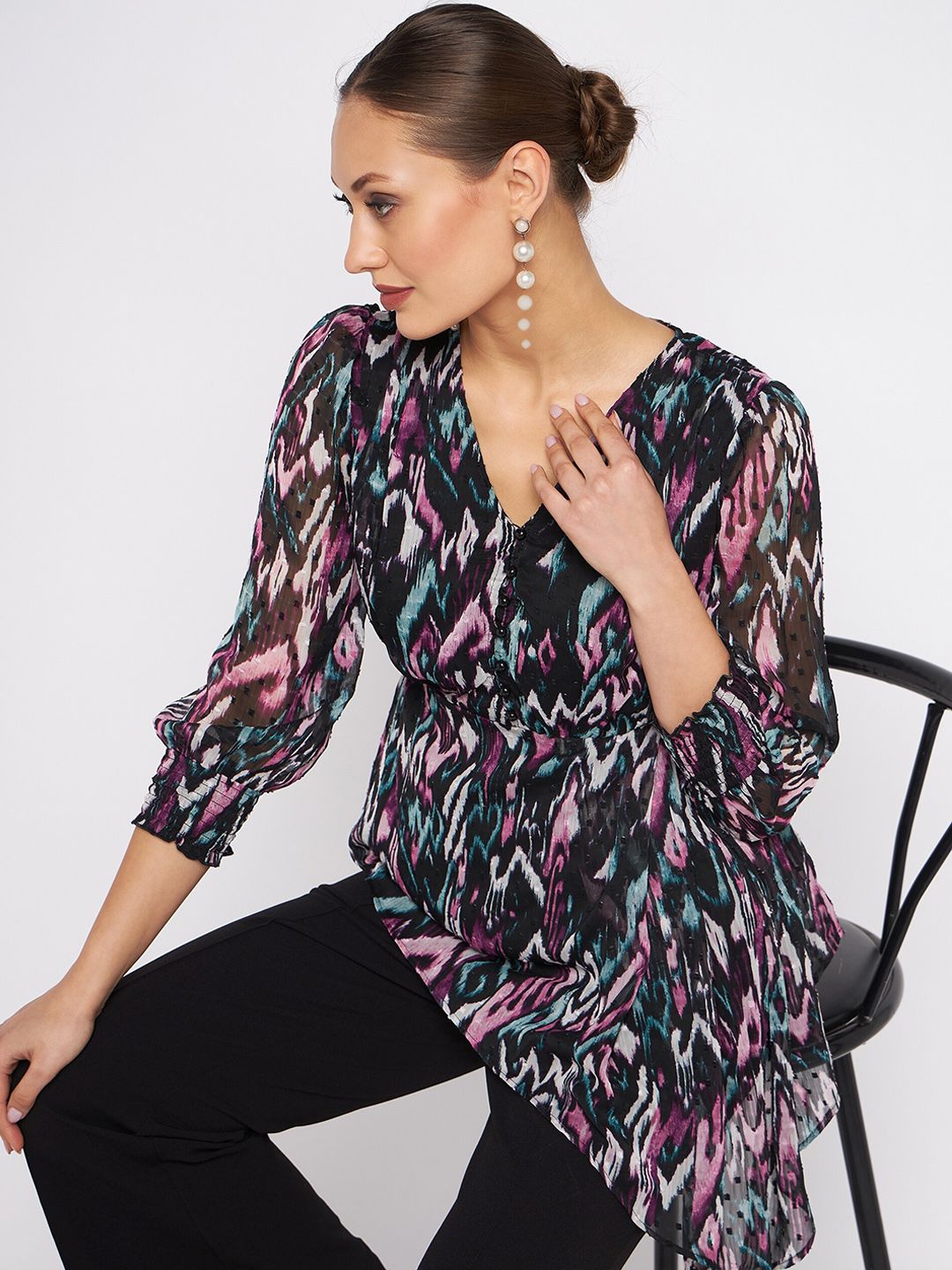 Antheaa Printed V-Neck Collar Top With Flared Trouser Co-Ords Set