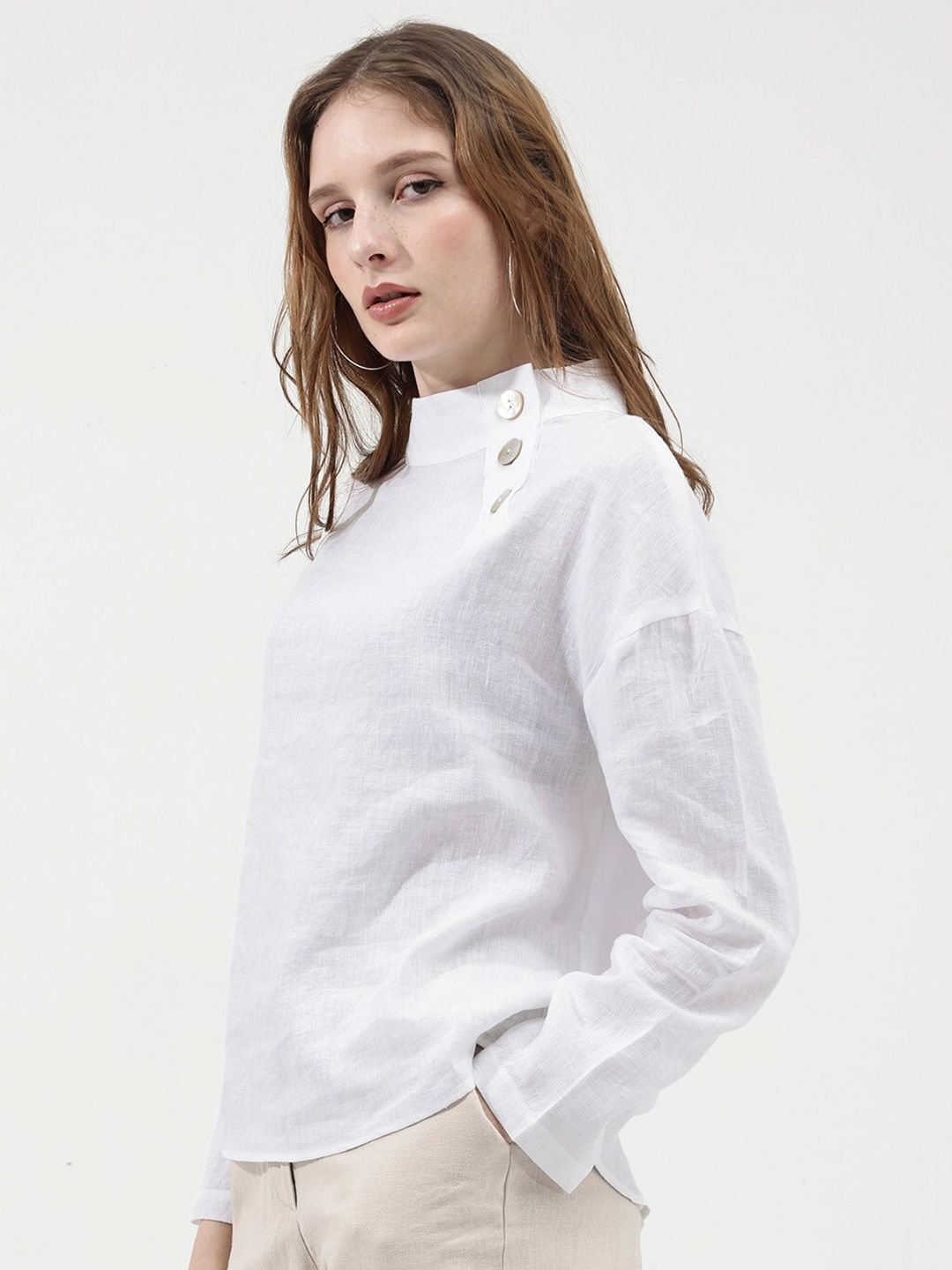 RAREISM Mandarin Collar Linen Top