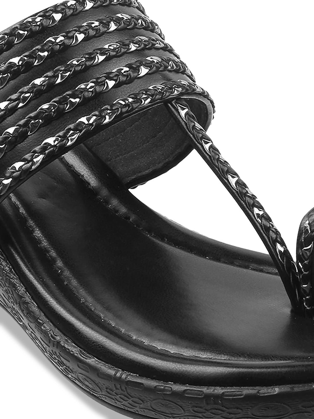 Metro Women Black Embellished Open Toe Wedges