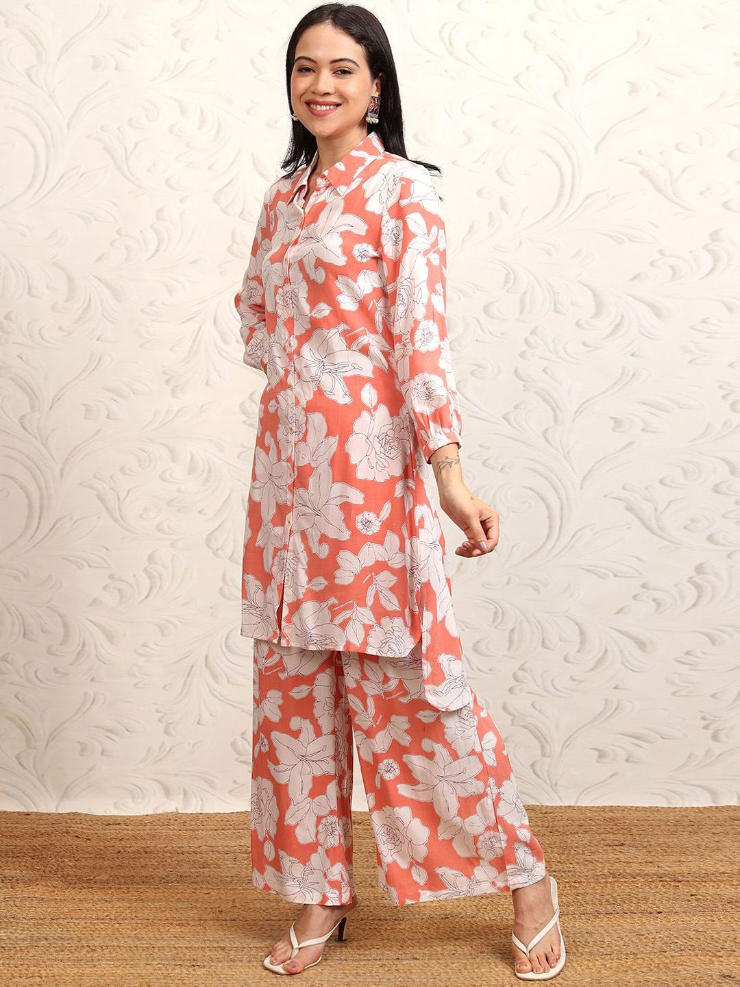 Vishudh Coral Pink Floral Printed Pure Cotton Longline Shirt With Palazzos