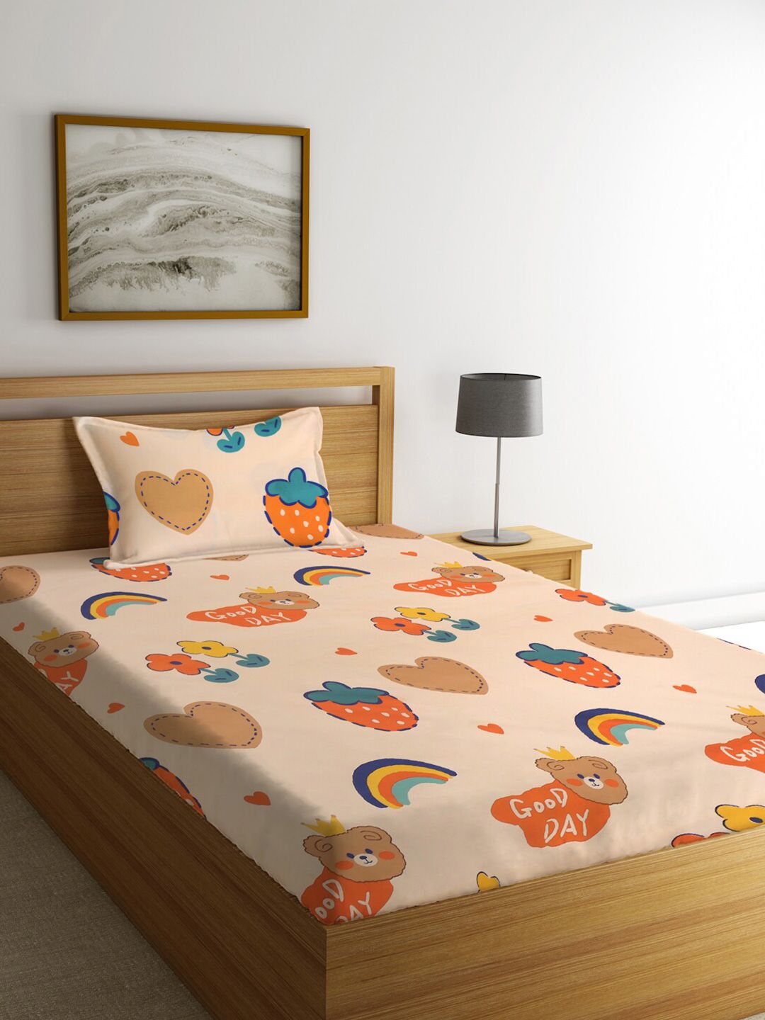 KLOTTHE Orange & Blue Cartoon Printed 300 TC Single Cotton Bedsheet With 1 Pillow Cover