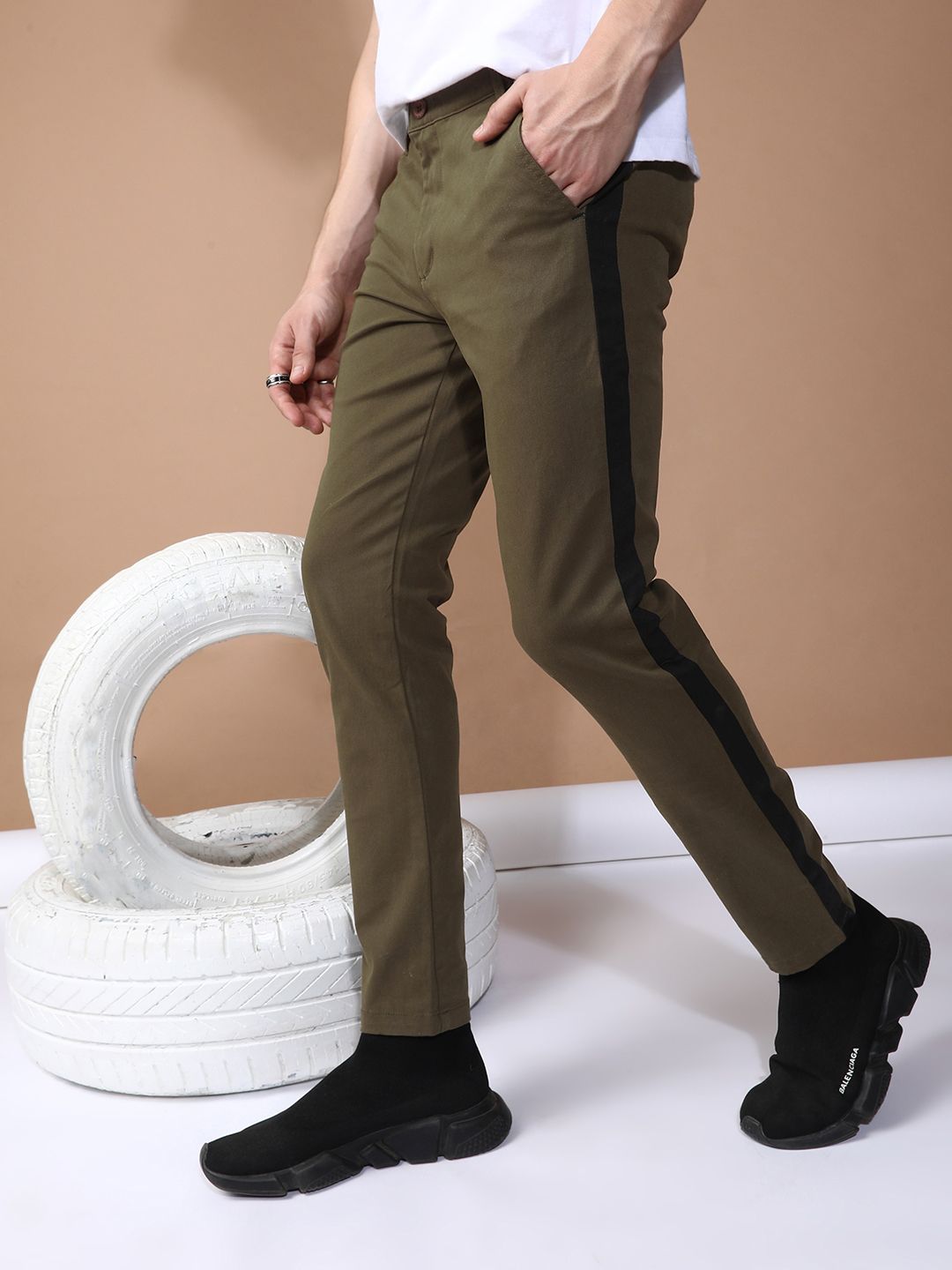 The Indian Garage Co Men Olive Green Slim Fit Solid Chinos With Side Strip Detail