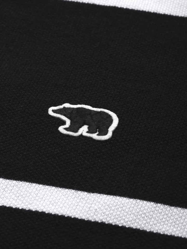 THE BEAR HOUSE Men Black  White Striped Polo Collar Slim Fit Pure Cotton T-shirt