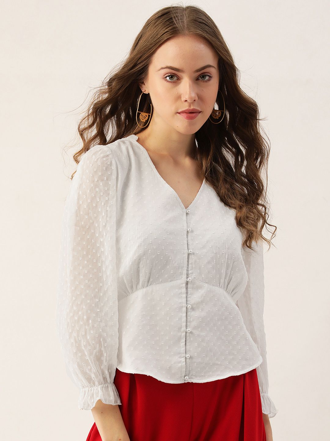 Antheaa Women White Solid Dobby Weave Top