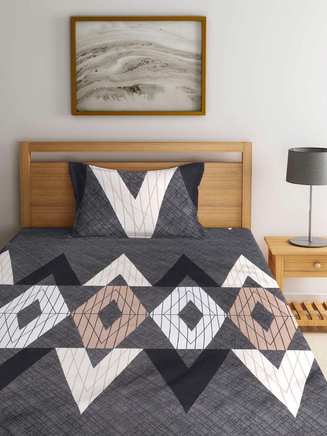 KLOTTHE Grey & White Geometric Printed 300 TC Fitted Single Bedsheet & Pillow Cover