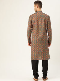 SOJANYA Men Teal Green & Pink Printed Straight Kurta