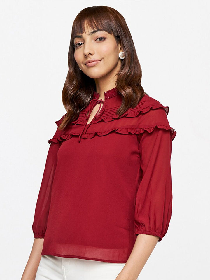 AND Women Tie-Up Neck Ruffled Top