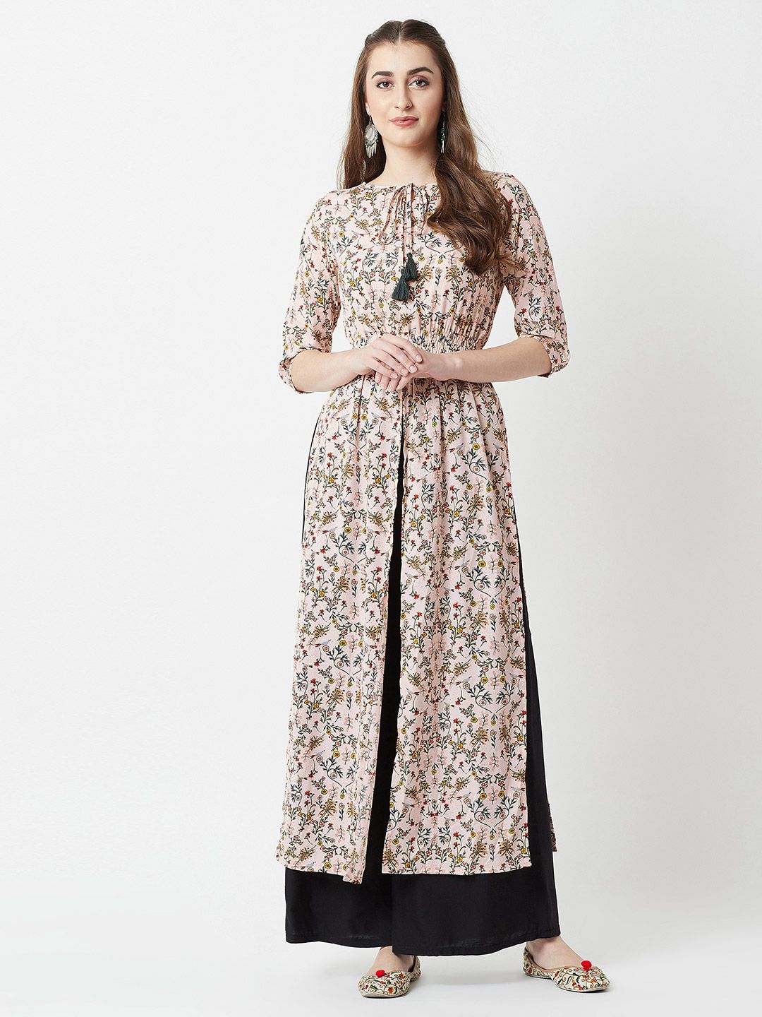Miss Chase Pink Floral Printed Tie-up Neck Crepe Maxi Longline Top