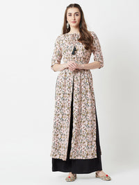 Miss Chase Pink Floral Printed Tie-up Neck Crepe Maxi Longline Top