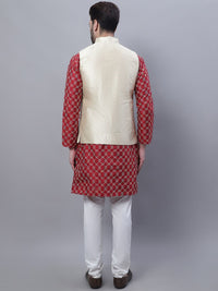 SOJANYA Mandarin Collar Embroidered Thread Work Kurta with Churidar & Nehru Jacket