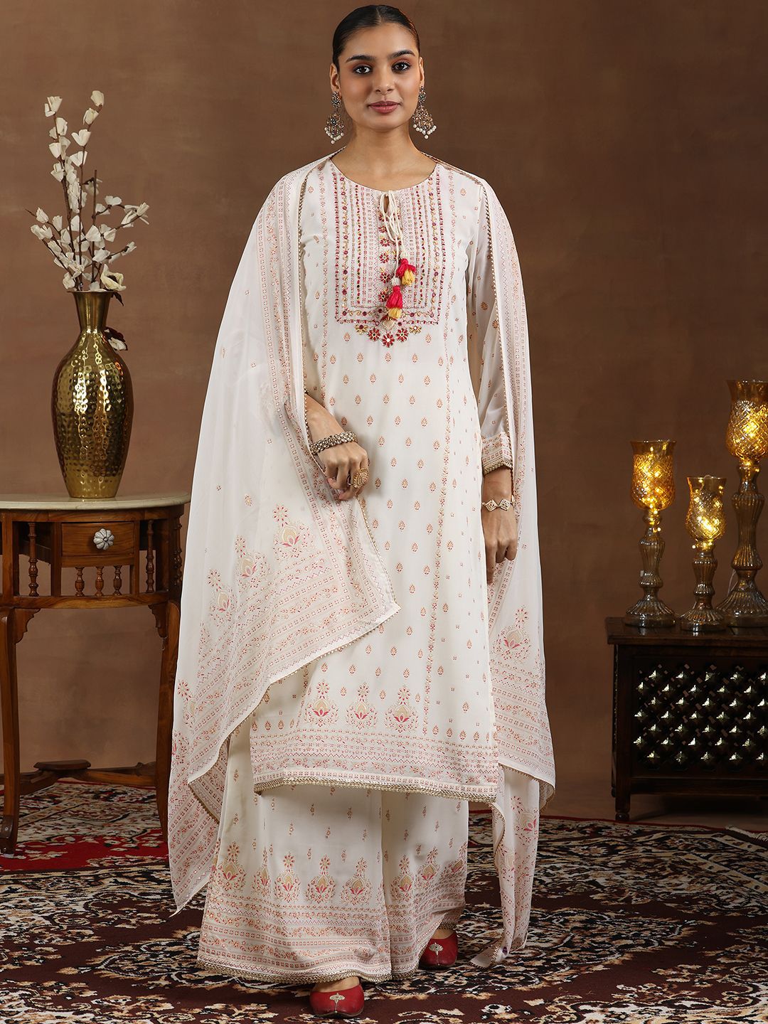 Libas Floral Printed Mirror Work Straight Kurta with Palazzos & Dupatta