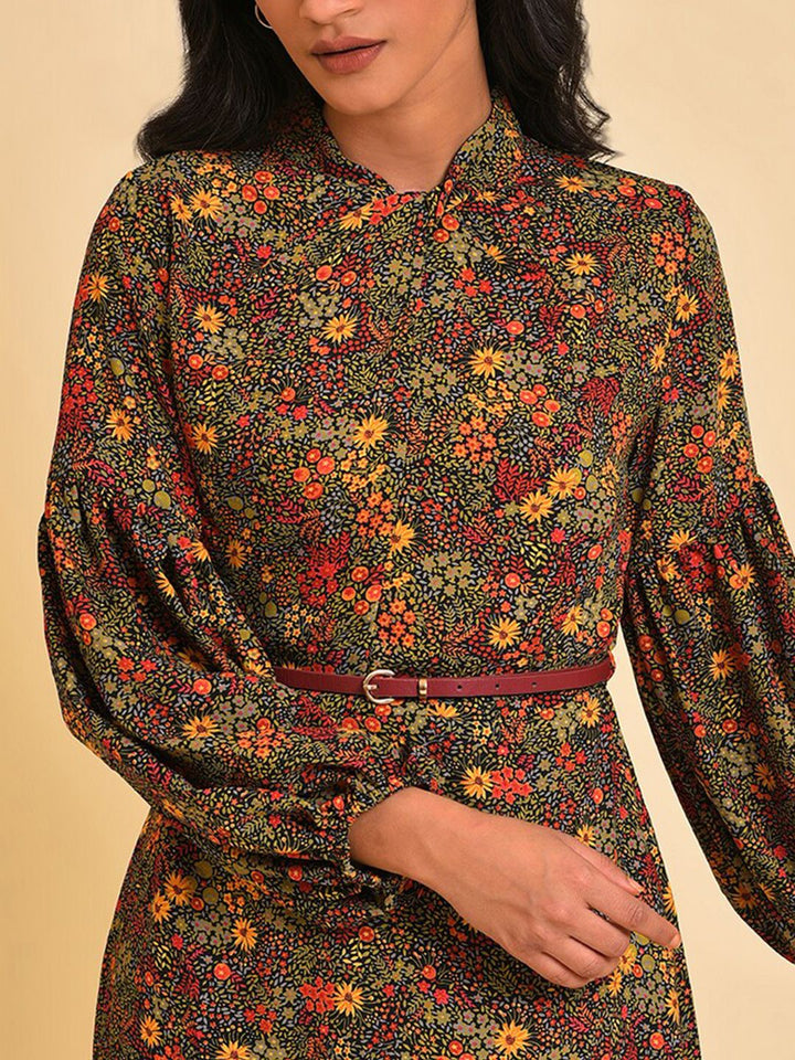 W Black Floral Printed Puff Sleeve A-Line Midi Dress