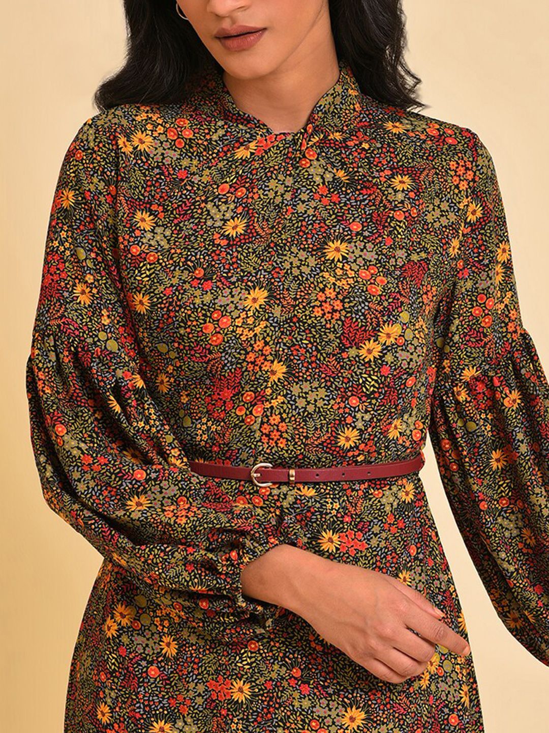 W Black Floral Printed Puff Sleeve A-Line Midi Dress