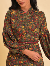 W Black Floral Printed Puff Sleeve A-Line Midi Dress
