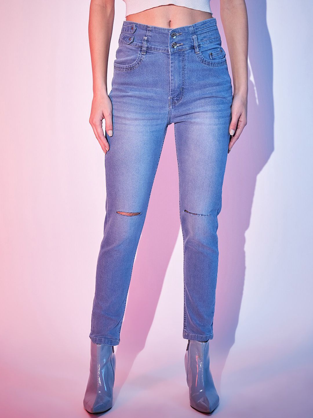 STREET 9 Women Blue Slim Fit Slash Knee Pure Cotton Jeans