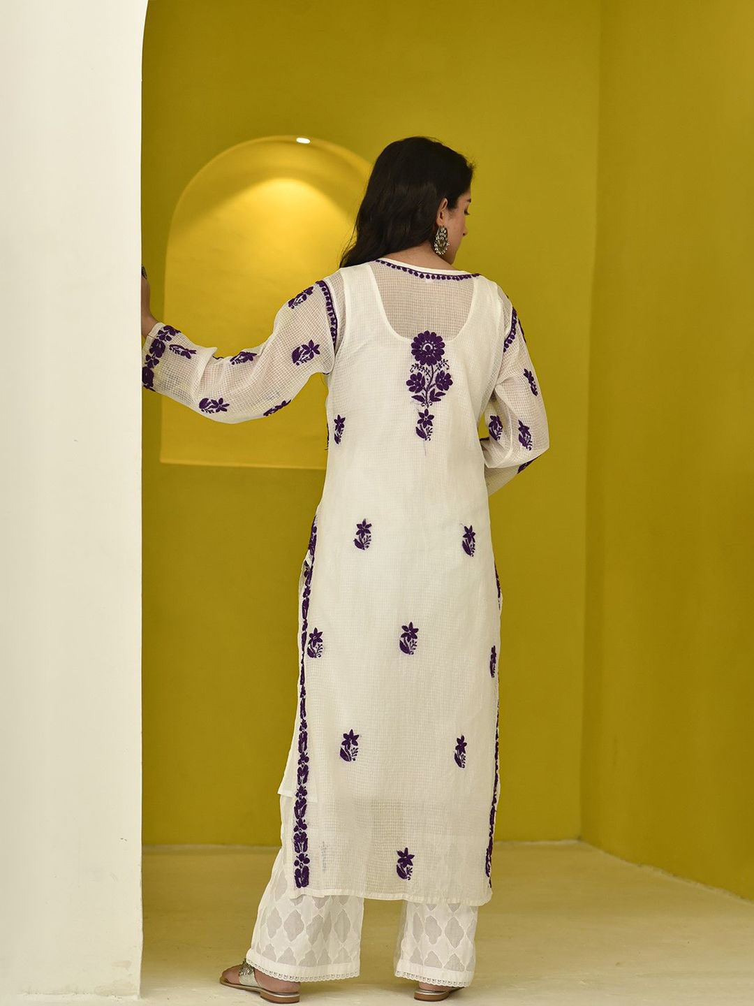 Rumah Wanita Chikankari Purple Kota Chikankari Sulam Kurta
