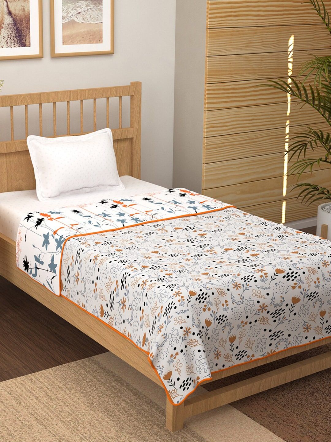Story@home White & Grey Floral AC Room 150 GSM Single Bed Dohar