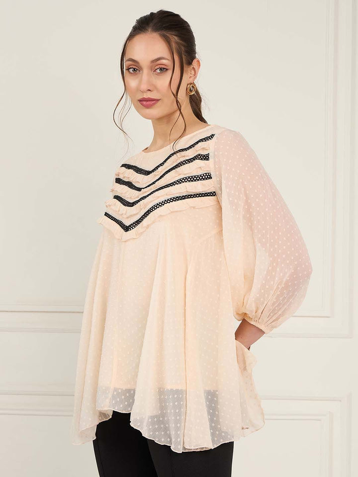 Antheaa Peach-Coloured Self Design Cuffed Sleeves Lace Inserts Chiffon A-Line Top