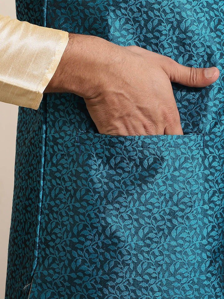 SOJANYA Kurta Lelaki Emas & Hijau Teal dengan Jaket Churidar Dan Nehru