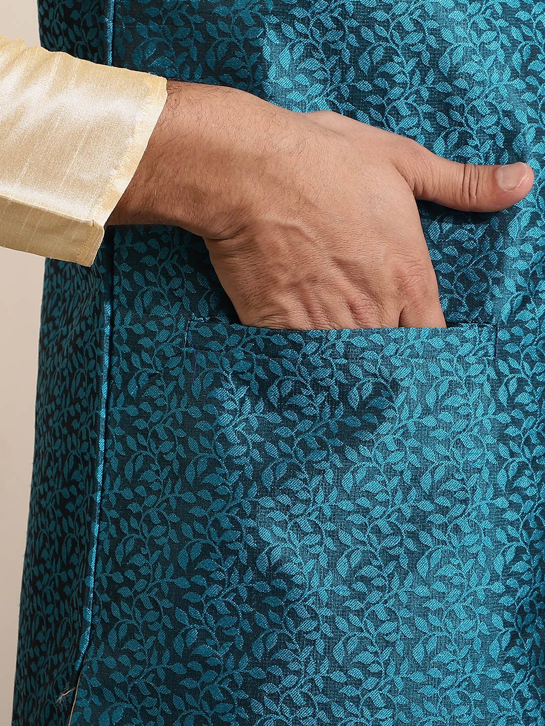 SOJANYA Kurta Lelaki Emas & Hijau Teal dengan Jaket Churidar Dan Nehru