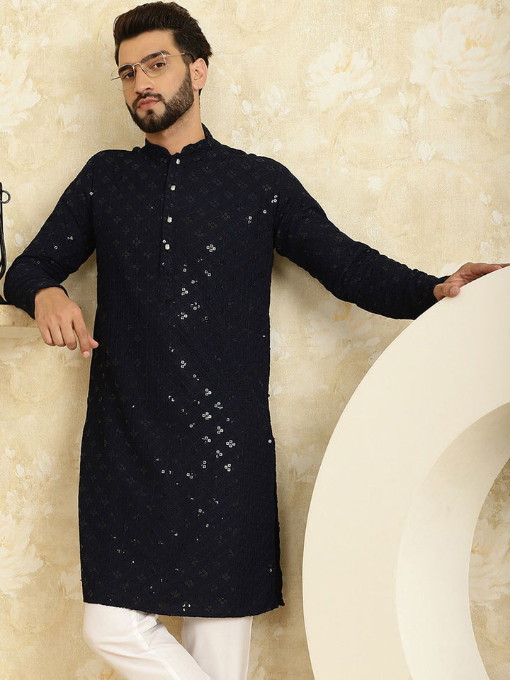 SOJANYA Embroidered Sequinned Mandarin Collar Pure Cotton Kurta