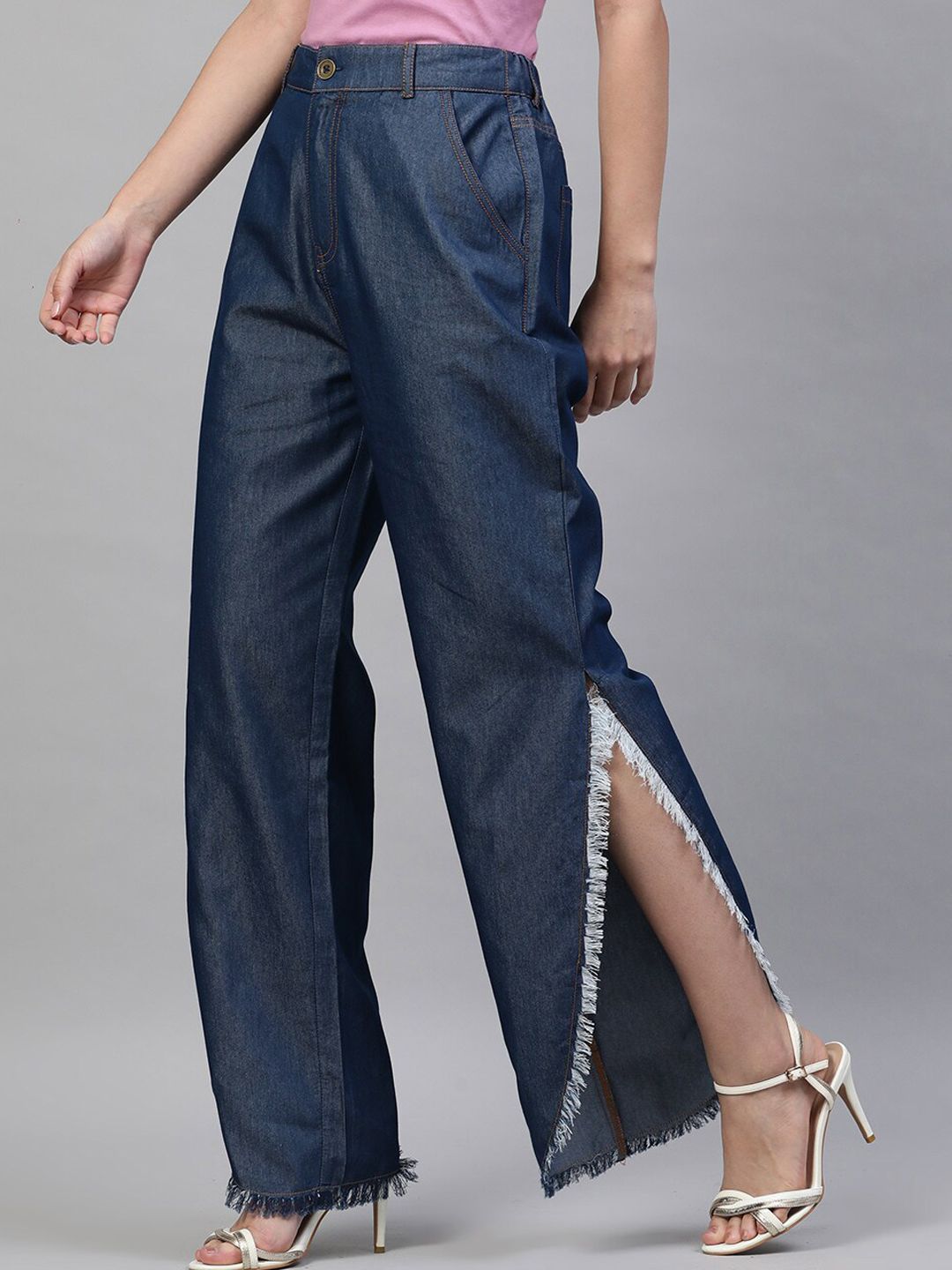 STREET 9 Women Blue Tapered Fit Solid Denim Cotton Regular Trousers