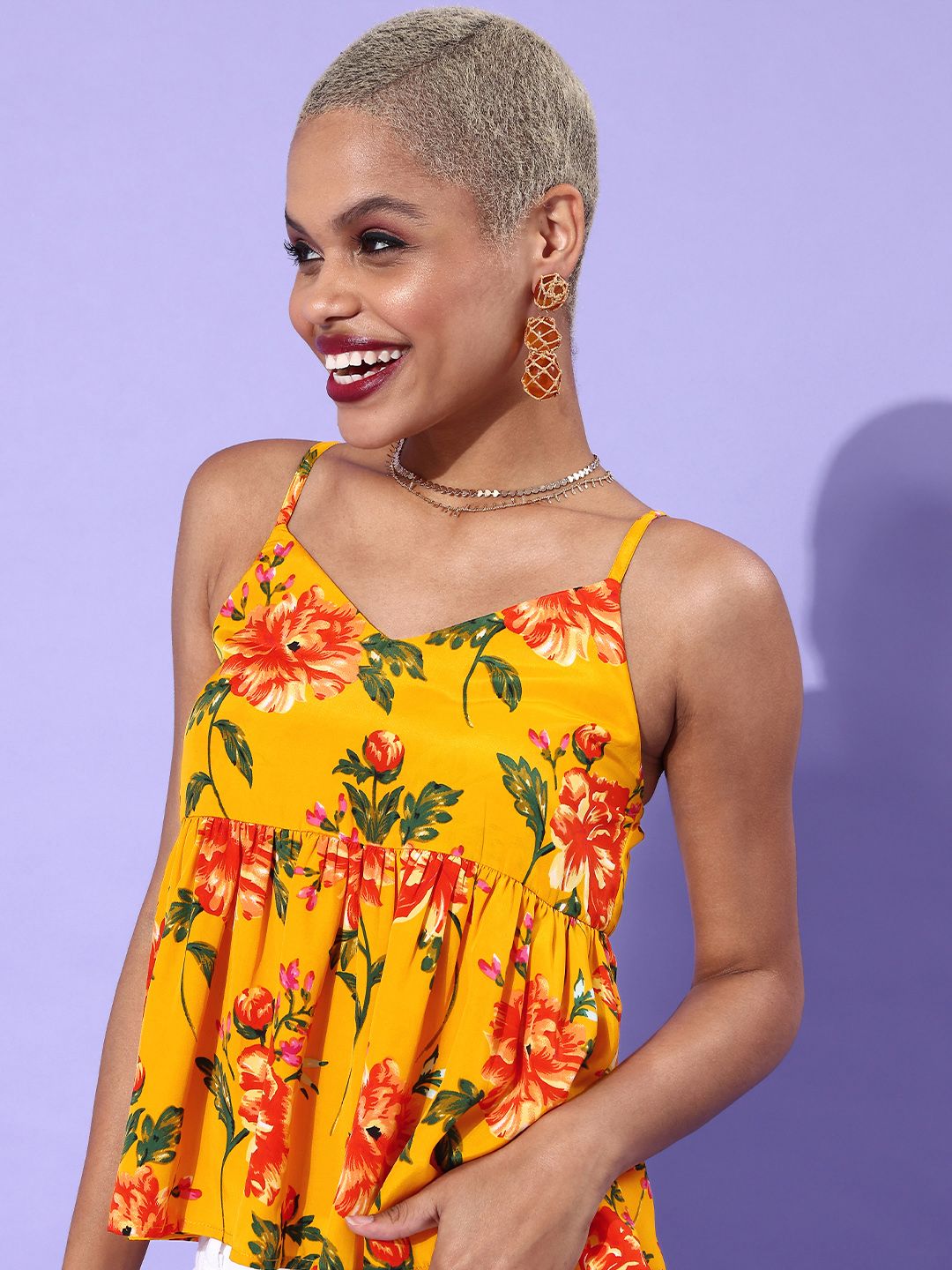 Berrylush Yellow Floral Crepe Peplum Crop Top
