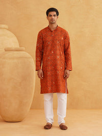 SOJANYA Men Orange & Black Geometric Printed Kurta