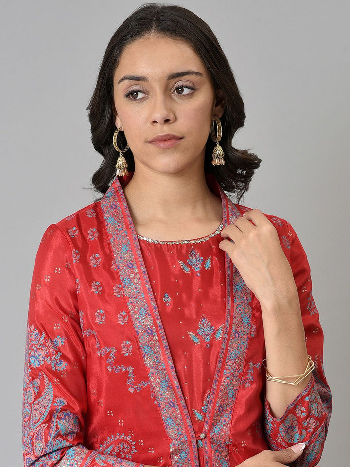 W Women Red & Blue Printed Layered Ethnic Midi Dress