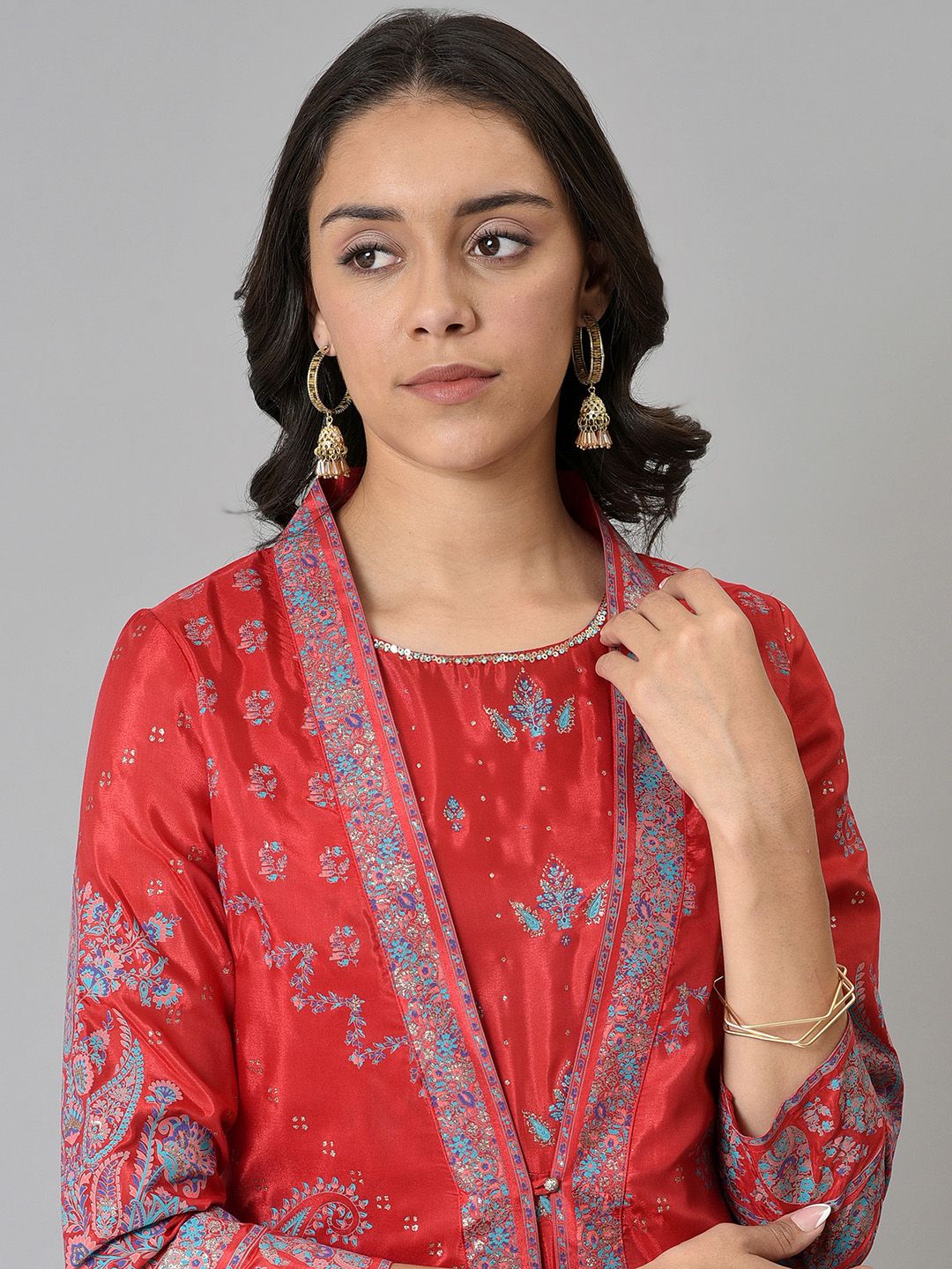 W Women Red & Blue Printed Layered Ethnic Midi Dress