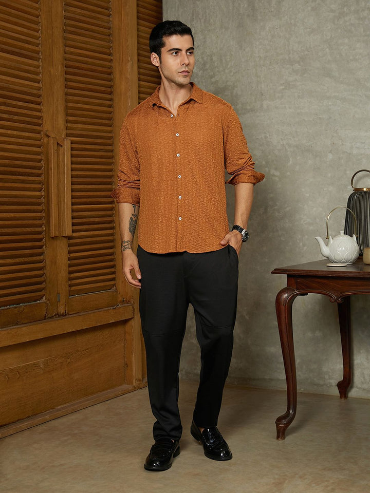 Campus Sutra Self Design Spread Collar Long Sleeves Cotton Comfort Shirt