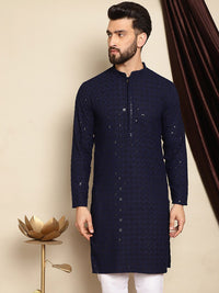 Anouk Navy Blue Motif Etnik Bersulam Labuci Mandarin Kolar Kurta Pure Cotton