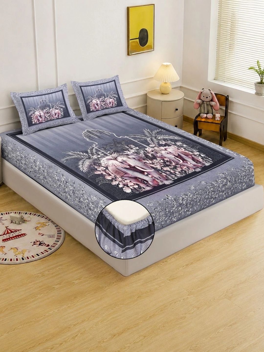 Myntra Elegant Homes Grey & Pink 400 TC King Bedsheet with 2 Pillow Covers