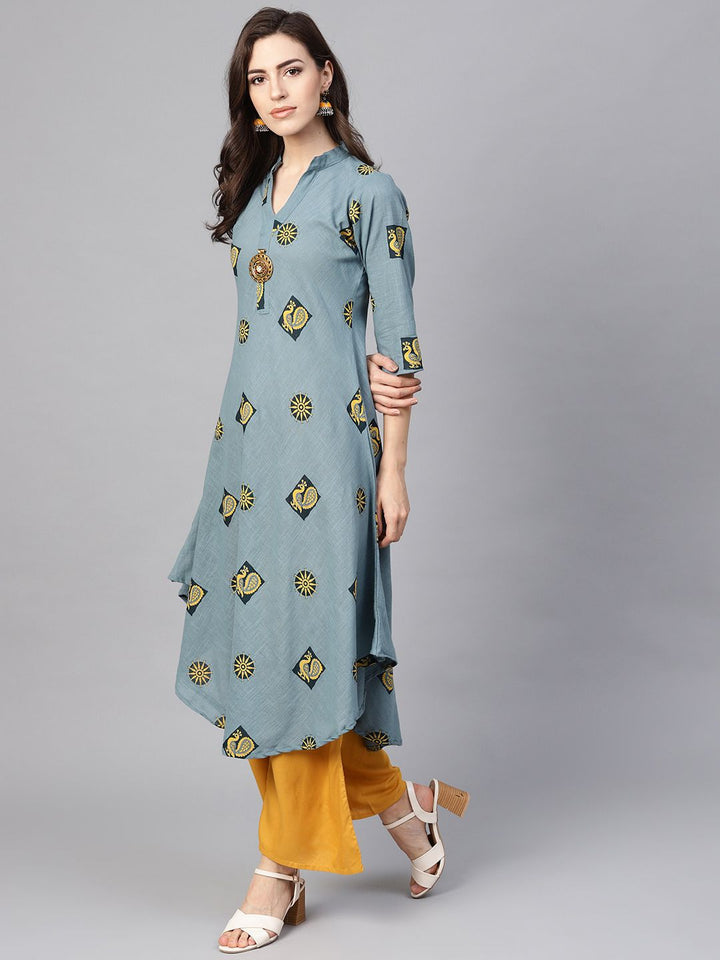 SOJANYA Kurta Bercetak A-Line Wanita Biru & Kuning