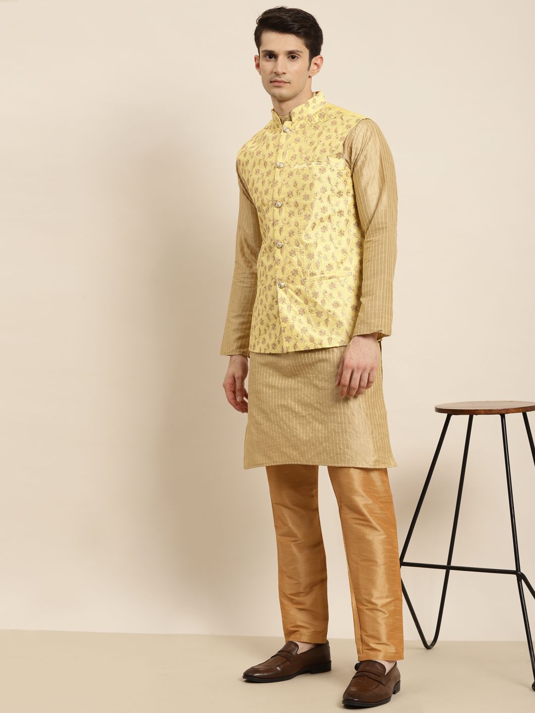 SOJANYA Men Golden & Yellow Kurta with Churidar & Nehru Jacket