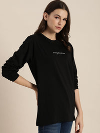 DILLINGER Women Black Printed Round Neck Oversized T-shirt