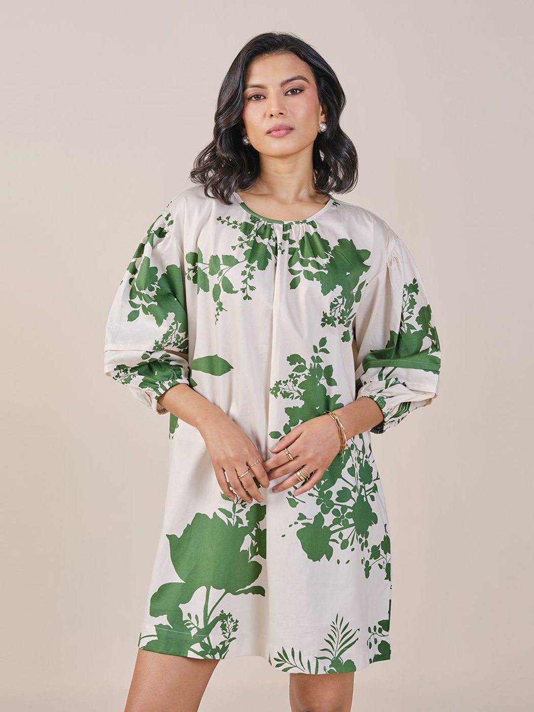 AND Floral Print Tie-Up Neck Puff Sleeve A-Line Dress