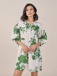 AND Floral Print Tie-Up Neck Puff Sleeve A-Line Dress